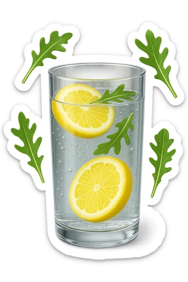 emoji stile iphone 3d di un bicchiere di acqua con limone e qualche foglia di rucola che fluttua intorno in aria, iperrealistico 4k sticker