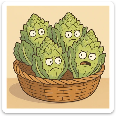 a bunch of Romanesco broccoli heads in a basket, simple style sticker