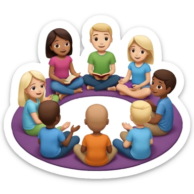 создай стикер где ребята сидят и обсуждают на утреннем круге какую то историю поддерживающая атвосверав, ребята сидят в полукруге на коврике и на мягких мешках sticker