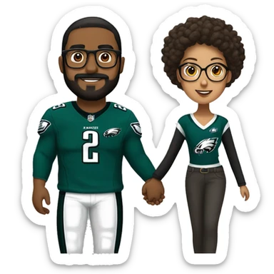 Brown guy with beard mustache and brown girl with glasses and hair in a bun in Philadelphia eagles clothes holding hands sticker