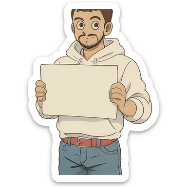 1 male, mid fade haircut dark chestnut brown curly hair, toasted lightskin, white hoodie sleeves up, fashion jeans, red fashion-sneakers shoes, red belt, short trimmed beard and goatee,  style of deku from "my hero academia", pose: holding a blank poster chest level, the image is framed from the waist to above the top of the head sticker