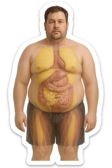 an adult man with a visibly overweight physique stands in a clinical setting. Semi-transparent overlays highlight areas of fat accumulation, especially around the abdomen, chest, and thighs. The fat tissue is shown in yellow, contrasting with underlying muscles and organs. The background is clean and modern, emphasizing the educational aspect. sticker