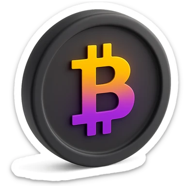 3D black style Bitcoin coin with a bold Bitcoin symbol, yellow-orange-purple-violet gradient sticker