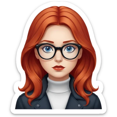 Nữ 25 tuổi, da trắng, tóc dài xoăn nhẹ màu đỏ, gọng kính màu đen, mắt kính màu xanh dương , mặt nghiêm túc, lông mi dài, trang điểm khá đậm, áo khoác cổ cao màu đen, áo trong màu trắng sticker