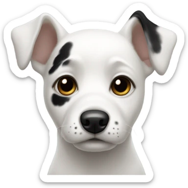 White dog with black patch eyes and ear sticker