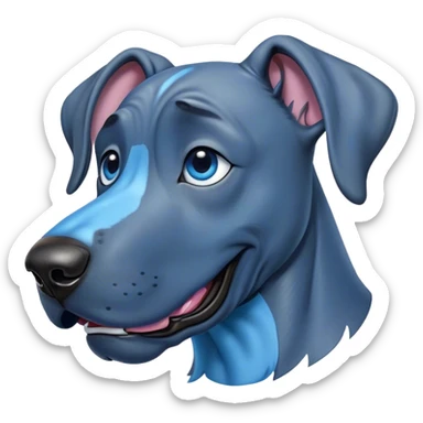 Cinematic Comical Blue Great Dane Portrait Emoji, Head tilted dramatically with an exaggeratedly amused expression, featuring a striking blue Fur with a glossy finish, wide, expressive steel-blue eyes filled with playful disbelief, Simplified yet hilariously expressive features, highly detailed, glowing with a slightly sassy glow, high shine, dramatic yet playful, stylized with an air of cheeky charm, bright and endearing, soft glowing outline, capturing the essence of a spirited and over-the-top guardian, so meme-worthy it feels like it could side-eye its way into internet fame instantly! sticker