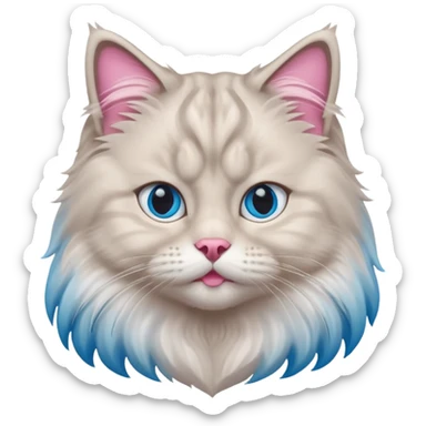 Fluffy Siberian cat face emoji, white and grey long hair, bright blue eyes, pink nose, friendly expression, 3D vector style, isolated on white background. sticker