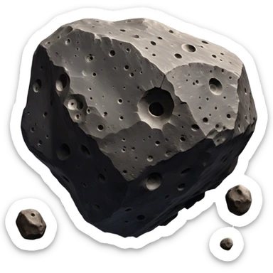  Cinematic Realistic Asteroid – A massive, irregularly shaped rock floating through the void, its cratered and pitted surface showing signs of ancient impacts. The harsh light from a nearby star reveals detailed textures and rugged, jagged edges. sticker