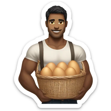 Buff white young man with dark hair holding one basket with a ton of eggs sticker