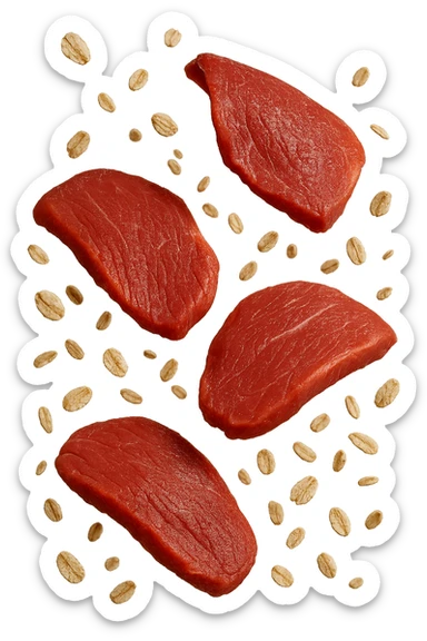 FETTINE DI CARNE FLUTTUANO IN ARIA INSIEME A FIOCCHI DI AVENA, IPERREALISTICO 4K sticker