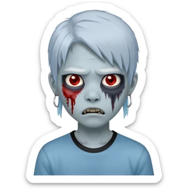 Create a 3D emoji-style avatar with very pale blue-grey zombie skin like the reference image, a young Asian face, and large eyes with blood tears. Give it white mullet-style hair, silver hoop earrings, and a simple black T-shirt. The face expression should be slightly angry sticker