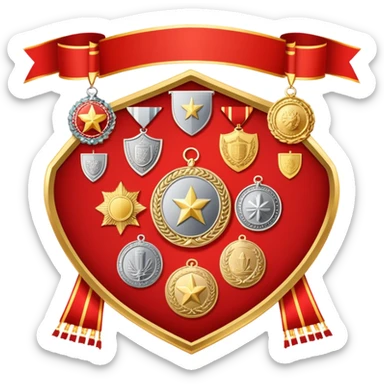 Icon for Collecting Orders, Medals & Badges: a variety of medals, orders and badges displayed on a large red pennant with fringed edges. The icon should convey the prestige and historical value of these collectibles. Transparent background. sticker