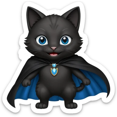 an all black anthropomorphic cat with blue eyes wears an all black cape and is smiling a mischievous sharp tooth grin sticker