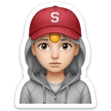 Female tech developer going back to work after christmas holidays, looking tired and wearing a hoodie and a baseballcap that says "SVT" sticker