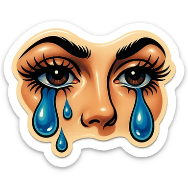 crying gloomy but beautiful female eyes with long eyelashes, sharp black contours, expressive shadows and highlights, retro stickers style, no gradients, only sharp color transitions sticker