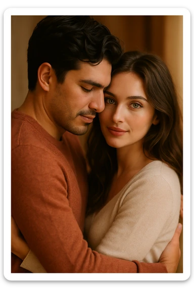 romantic embrace, Latin man with dark hair and woman with striking green eyes, soft lighting, warm and affectionate scene sticker