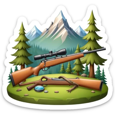 Icon for Hunting Tourism: hunting rifle, surrounded by nature elements like trees, mountains, and wildlife tracks. The icon should represent the adventure and exploration of hunting tourism. Transparent background. sticker