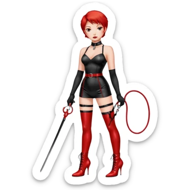 mistress, dominant girl, short red hair, sexy shiny red bdsm clothing, red hold-ups, whip and leash on her hands, choker around her neck, serious look, shiny red high heel boots sticker