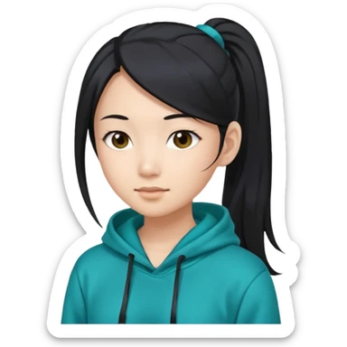 generate an asian female with long black hair in a ponytail and a teal hoodie sticker