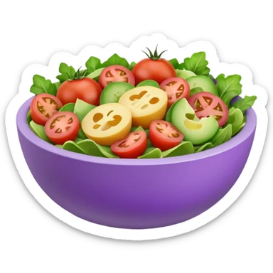 Modern premium 3D emoji icon: salad bowl (🥗), smooth rounded shapes, matte + subtle gloss, top-left studio light, soft shadow. Purple bowl with lavender rim; ingredients in natural colors, all sliced/chopped (no whole tomatoes). Centered, transparent background, no text sticker