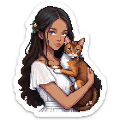 beautiful girl with long black hair wearing a white dress holding an Abyssinian cat with reddish-brown fur in her arms, close-up sticker