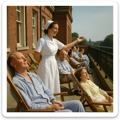 historical hospital terrace in the 1950s with patients in pajamas or gowns sitting on a sunny terrace, some on deck chairs, a smiling nurse encouraging patients to sunbathe, atmosphere of care and hope, realistic details, warm colors, natural light, 4K quality sticker