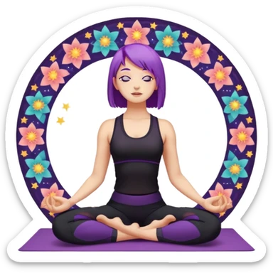 A young woman with purple hair doing yoga in the camel pose (Ustrasana), wearing a black sports outfit, minimalistic background with mandala pattern and colorful stars, soft lighting, peaceful atmosphere, digital illustration style. sticker