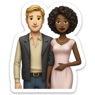 white man in late 50ties in love with younger black woman with small breast, casual dressing sticker