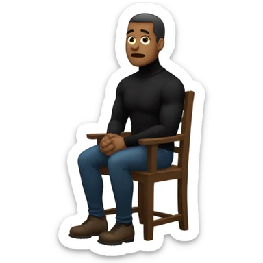 muscle man in black turtleneck shirt and black pants sitting depressed in chair sticker