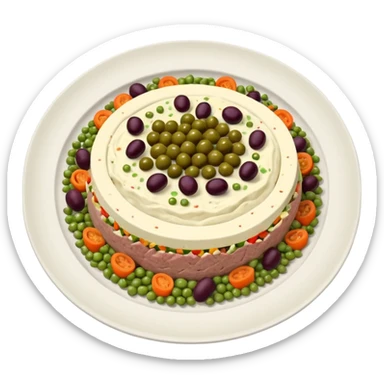 Salată de boeuf: a Romanian festive salad made with finely chopped boiled vegetables, pickles, peas, and beef or chicken, all mixed with mayonnaise and decorated with olives and pickles. sticker