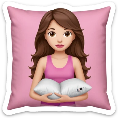 girl with long wavy brown hair brown eyes eyelashes lip liner lip gloss pink tank top holding pillow portrair size sticker