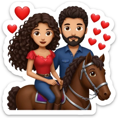 pareja de Mujer morena rizada cabello largo castaño ojos oscuros y hombre piel blanca con caballo oscuro con barba y ojos marron alrededor de la pareja corazones sticker