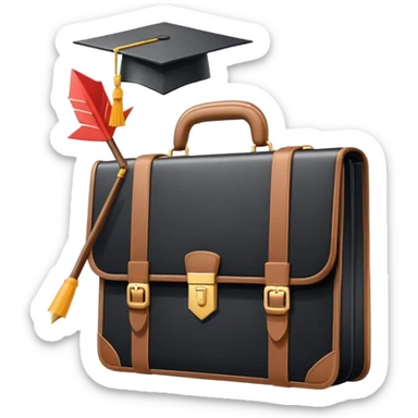 A flat-style illustration of a briefcase, a rising arrow, and a graduation cap, arranged together to symbolize professional growth. Clean, minimal, cartoon style, white background, iOS emoji aesthetic. sticker