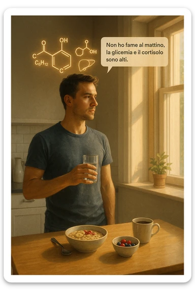 A realistic, cinematic illustration of a man in his early 30s with a lean, healthy build, standing calmly in a bright, minimal kitchen in the early morning. On the kitchen table, there is a prepared but untouched healthy breakfast (oatmeal, fruit, coffee). The man, with a neutral and focused expression, holds a glass of water while looking out of the window where morning sunlight enters. Above him, subtle glowing medical icons display: a glucose molecule, a cortisol hormone symbol, and a liver icon, indicating high morning blood sugar and cortisol levels. A small speech bubble or text overlay says: ‘Non ho fame al mattino, la glicemia e il cortisolo sono alti.’ The scene conveys a sense of calm, clarity, and body awareness, showing that the man consciously avoids breakfast due to physiological signals rather than restrizione. The style is realistic, warm, with a slight film grain, emphasizing health and conscious self-regulation. in italiano sticker