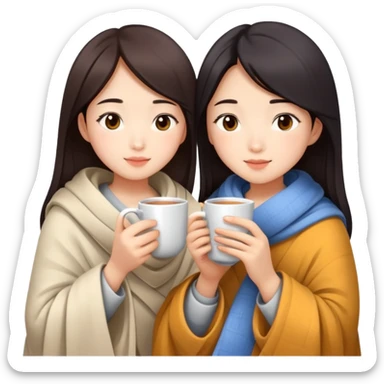 Asian girls in comfy clothes and a blanket drinking hot tea sticker