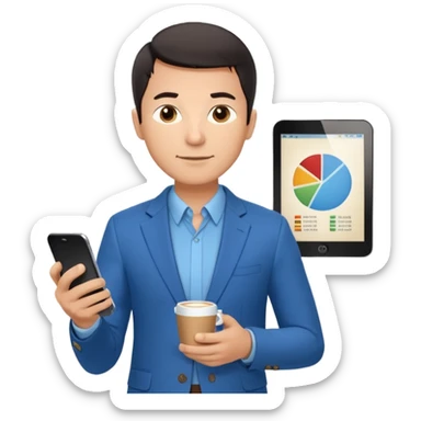 Confident male entrepreneur, short dark hair, slight smile, blue blazer over light blue shirt, holding a smartphone with a chart in one hand and a coffee cup in the other, front-facing, half-body sticker