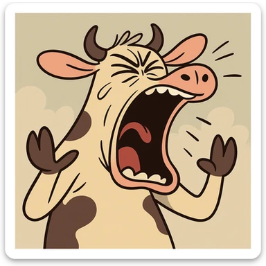 a cow with a dramatic scream, stylized, fun illustration sticker