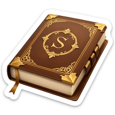 "An open antique leather-bound book with golden edges and calligraphy, detailed embossing, Victorian style, warm brown and gold palette." sticker