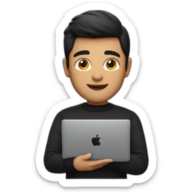 memoji of a man with a laptop in front, apple-style,modern,dark hair,black sweater,computer in hand, srilankan,  sticker
