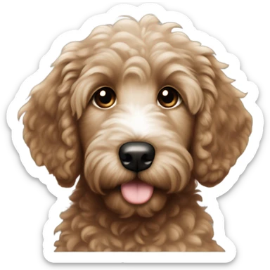 Dark brown goldenoodle puppy with white tuft at tip of nose and white spot on top of head sticker