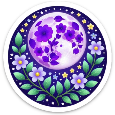 Beautiful poetic ethereal romantic magical aesthetic sparkly glittery shiny pretty floating pastel lilac lavender Violet full moon and flowers and leaves aesthetic deco sticker