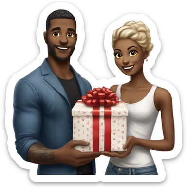Hyper Realistic beautiful woman receiving a gift and a box of chocolates from a handsome tattooed man  sticker