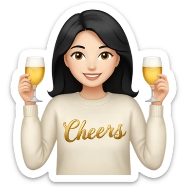 A woman with longer black hair, light to medium skin tone, full cheeks, and almond-shaped eyes, wearing a simple white sweater with the word 'cheers' in gold script, joyful and radiant expression, cheerful, emoji style, just her torso, no hands. sticker