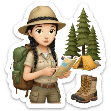 A braid black hair backpacking woman checking her map with curious eyes while walking with camping hat and dirt covered bootsfull body sticker
