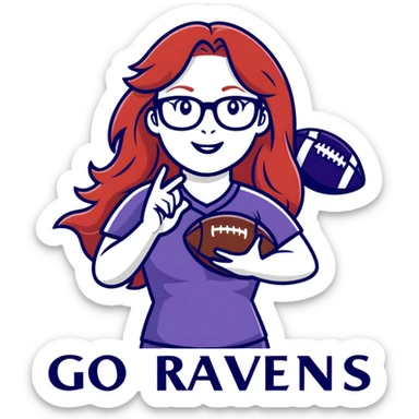 Make a sticker of a 50 year-old with glasses attractive woman throwing a football. She has long red hair and she’s saying go ravens sticker