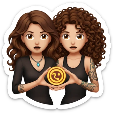 rune trap — long wavy brown hair tattooed woman and short tight curly brown hair woman — startled circle glow sticker