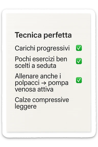 FOGLIO DI CARTA PER L'ALLENAMENTO IN PALESTRA CON LA SCRITTA "Tecnica perfetta
 ✅ Carichi progressivi
 ✅ Pochi esercizi ben scelti a seduta
 ✅ Allenare anche i polpacci → pompa venosa attiva
 ✅ Calze compressive leggere" , IPERREALISTICA 4K sticker