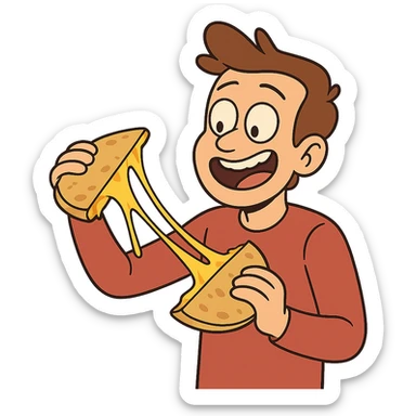 quesadilla, cartoon style, cheese stretching, fun expression sticker