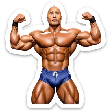 Dwayne 'The Rock' Johnson on stage at the Mr. Universe bodybuilding competition, covered in oil, flexing his powerful muscles. His physique shines under bright stage lights, showcasing his strength and dedication. The audience and judges are blurred in the background. Transparent background. sticker