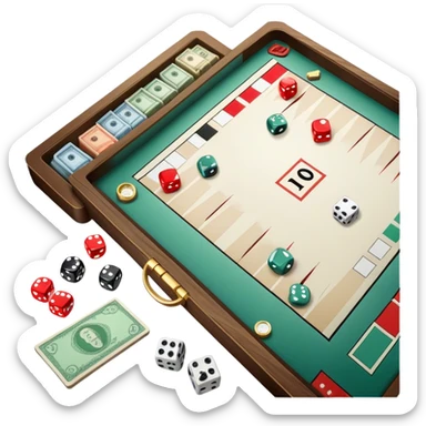 A photorealistic icon featuring a backgammon board with dice, a Monopoly board with money and property cards and a Game of Life spinner. The design captures the detailed textures of the boards, pieces, and accessories. Transparent background. sticker
